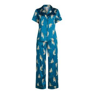 Joyspun Women’s Satin Top and Pants Pajama Set, 2-Piece, Size SMALL BLUE TIGERS
